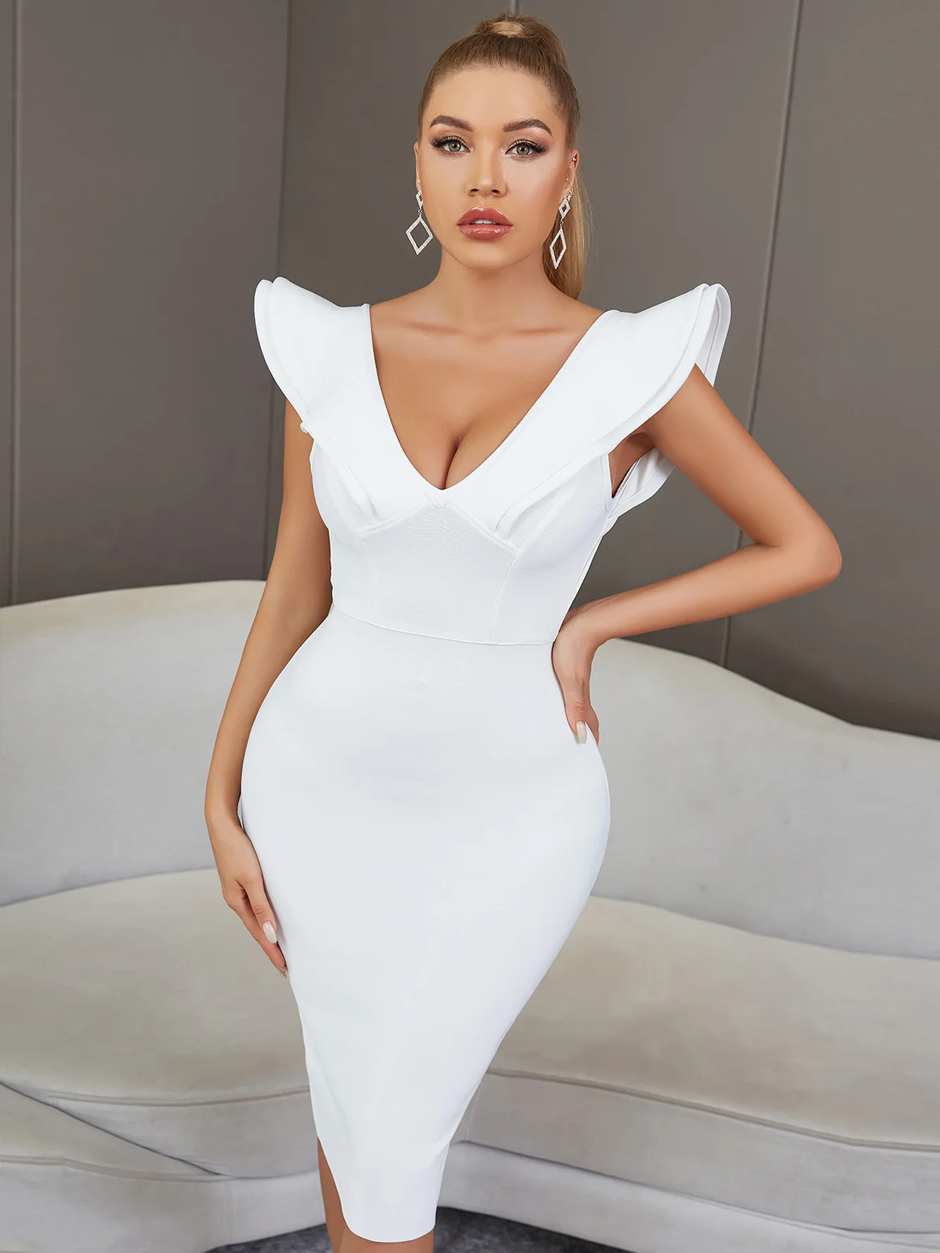 

Woman's Evening Dress Bandage Bodycon Night Knee Length Celebrity White Sexy Backless Luxury Elegant Modest Cocktail