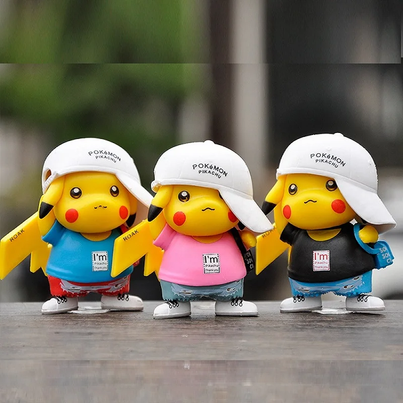 

8CM Anime Peripherals Pokémon Pikachu Kawaii Hat T-Shirt Backpacker Cute Fashion Cartoon Doll Decoration Desktop Cake Kids Toys
