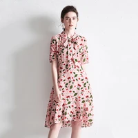 100silk dress bow neck high end short sleeved womens long dress crepe floral printed tea break skirt summer 2020 summer