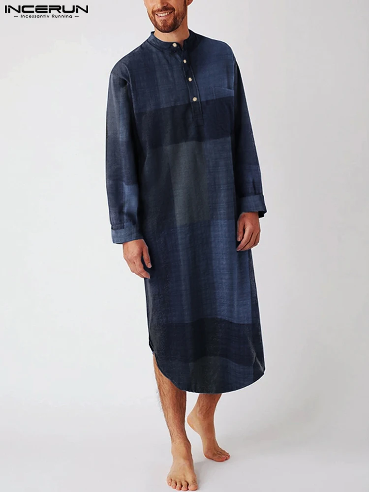 Fashion Plaid Sleep Robes INCERUN Mens Long Sleeve O Neck Nightwear Cotton Pockets Nightgown Cozy Buttons Sleepwear Plus Size 7