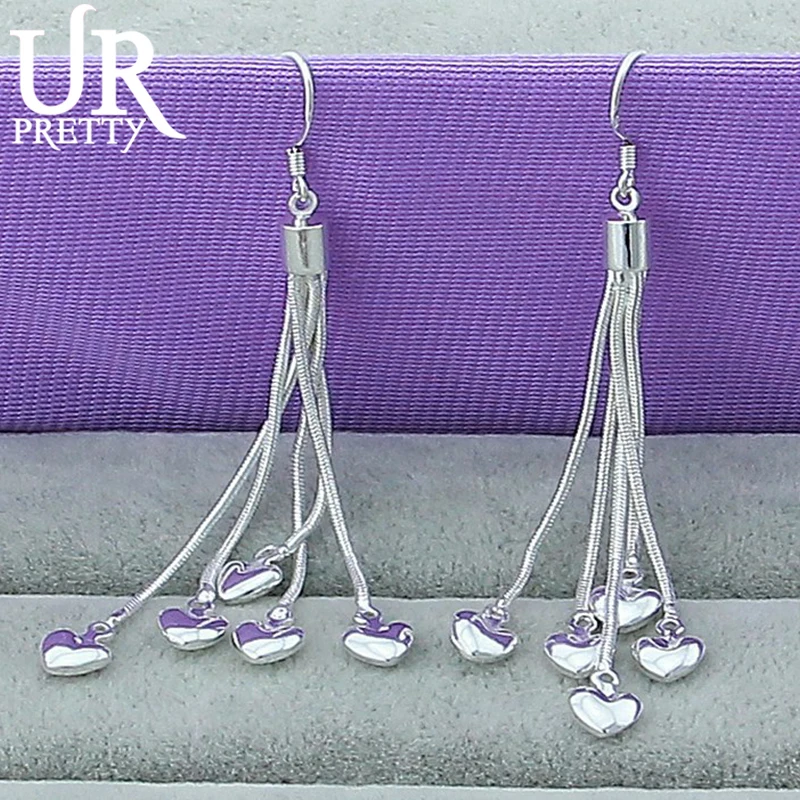 

URPRETTY 925 Sterling Silver Five Love Snake Chain Drop Earring For Women Wedding Engagement Party Jewelry Christmas Gift
