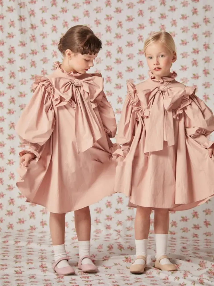 

Baby Girls Pink Dress Spring Fall Casual Cloth In Stock Kids Girl Bowknot Plain A-line Dresses Children Sweety Outerwears Party