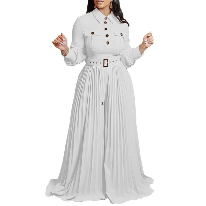 2023 Spring Summer Islamic Long Sleeve Overalls Pleated Loose Jumpsuits For Women Rompers Lady Club Female Vestidos And  Belt