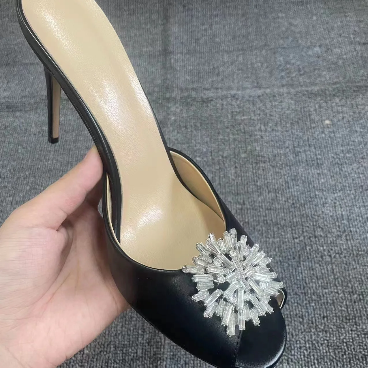 2022 Elegant Rhinestone Flowers Open Toe Green Sandals Women's Stiletto High Heels Slippers Luxury Slipers Style Sexy Party