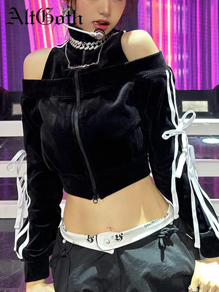 

AltGoth Streetwear Sweet Velvet Crop Jackets Women Mall Gothic Aesthetic Y2k Lace-up Bow Cut Out Shoulder Cardigan 2023 Autumn