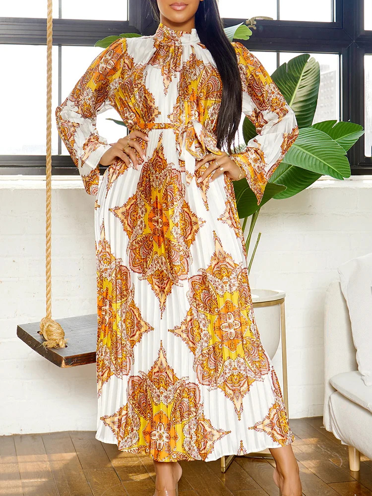 

Elegant Printing Pleated Dinner Party Dress Women Yellow with Belt Long Sleeve Robe Femme African Maxi Vestido