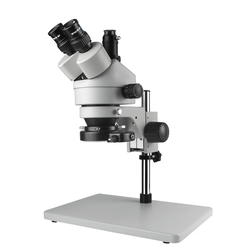 

7X-45X Industrial Trinocular Stereo Microscope 7X-4.5X Zoom Objective Lens, Pillar Table Stand, and 56-Bulb LED Ring Light