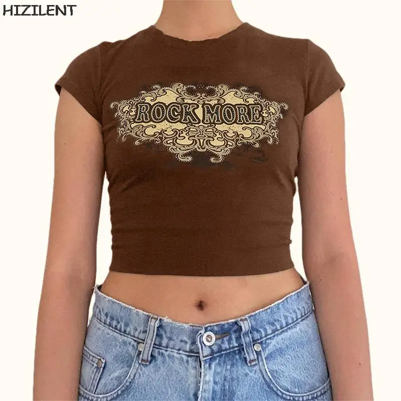 

2022 Y2K Women's Classic Alphabet Gothic Print Brown Short Sleeve T-Shirt Spice Girls Slim Fit Cropped Sexy Top Women's clothing