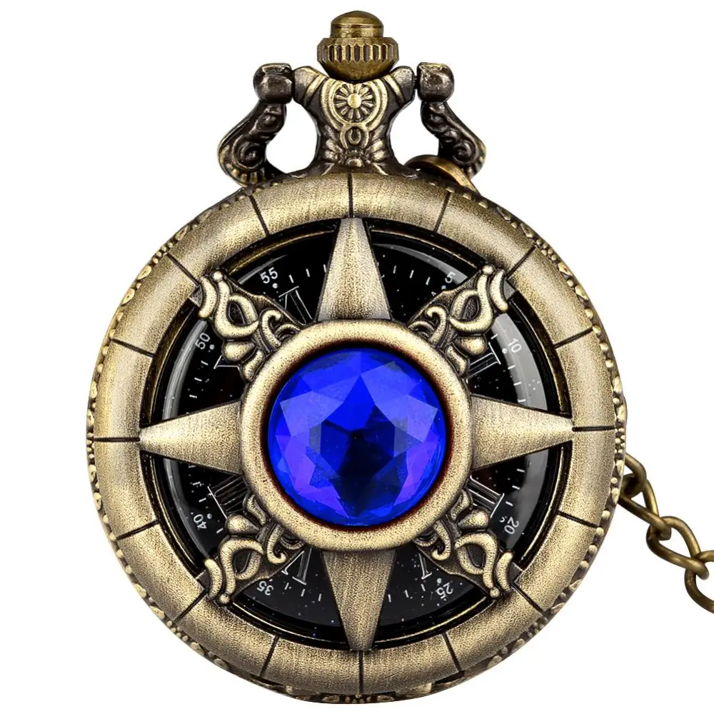 

Bronze Hollow Rudder Blue Jade Emerald Stone Starry Sky Dial Steampunk Quartz Pocket Watch Chain Pendant Clock Antique Gifts