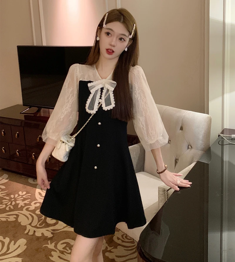 Женское кружевное платье в стиле пэчворк летнее женское элегантное черное