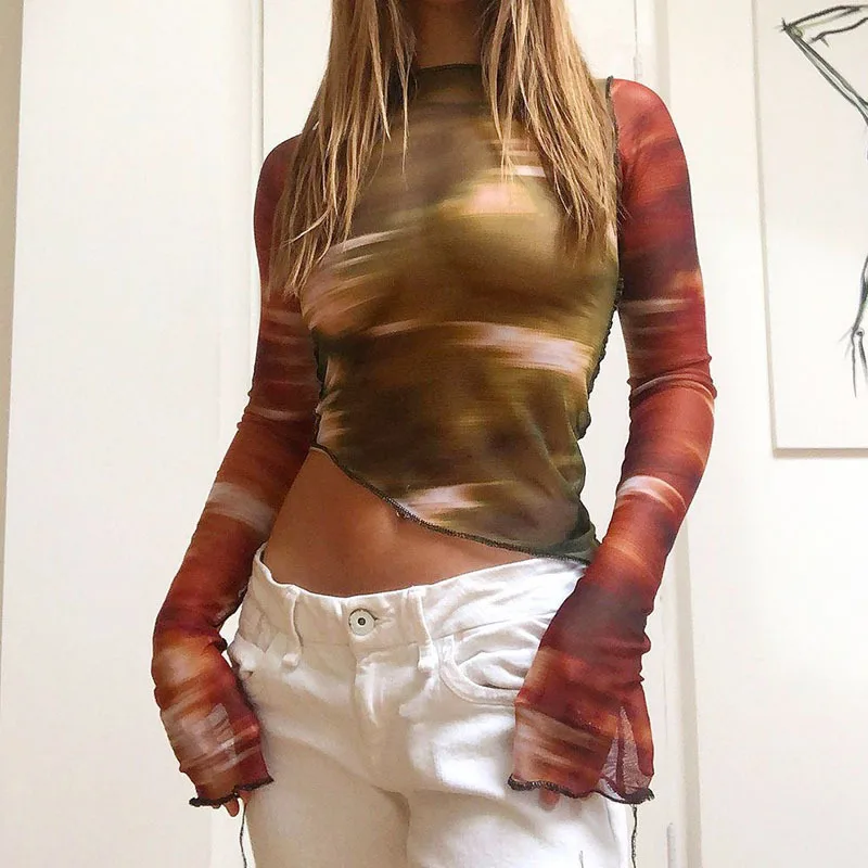 

Новые женские топы с абстрактным принтом, асимметричный подол с длинным рукавом, облегающие футболки, модные, приятные для кожи, уличный стиль, S, M, L