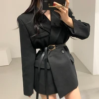 women autumn winter short coat with belt long sleeve thick turn down collar double breasted minimalist korean ladies jacket