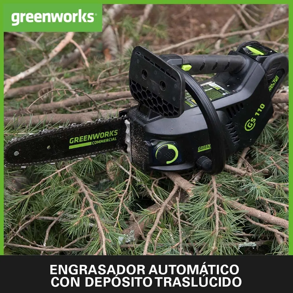 Фото Аккумуляторная бензопила Greenworks GD40TCS, верхняя ручка, бесщеточный двигатель, автомасляция, резервная защита БЕЗ аккумулятора и зарядного устройства 40 В №5