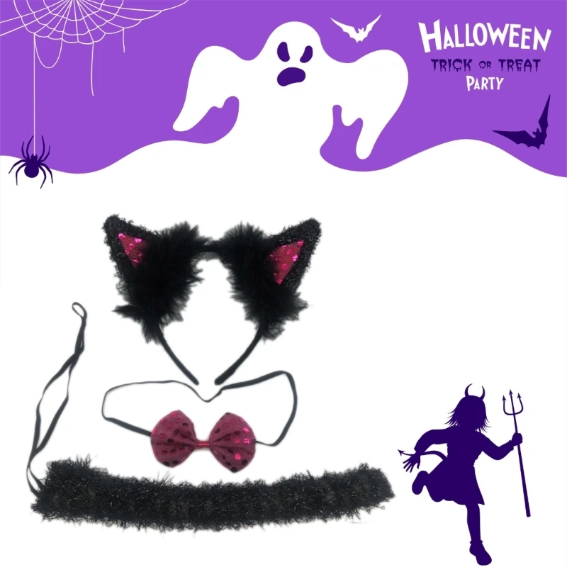 

Повязка на голову с кошачьими ушками, галстук-бабочка и хвост, костюм животного на Хэллоуин для кошки