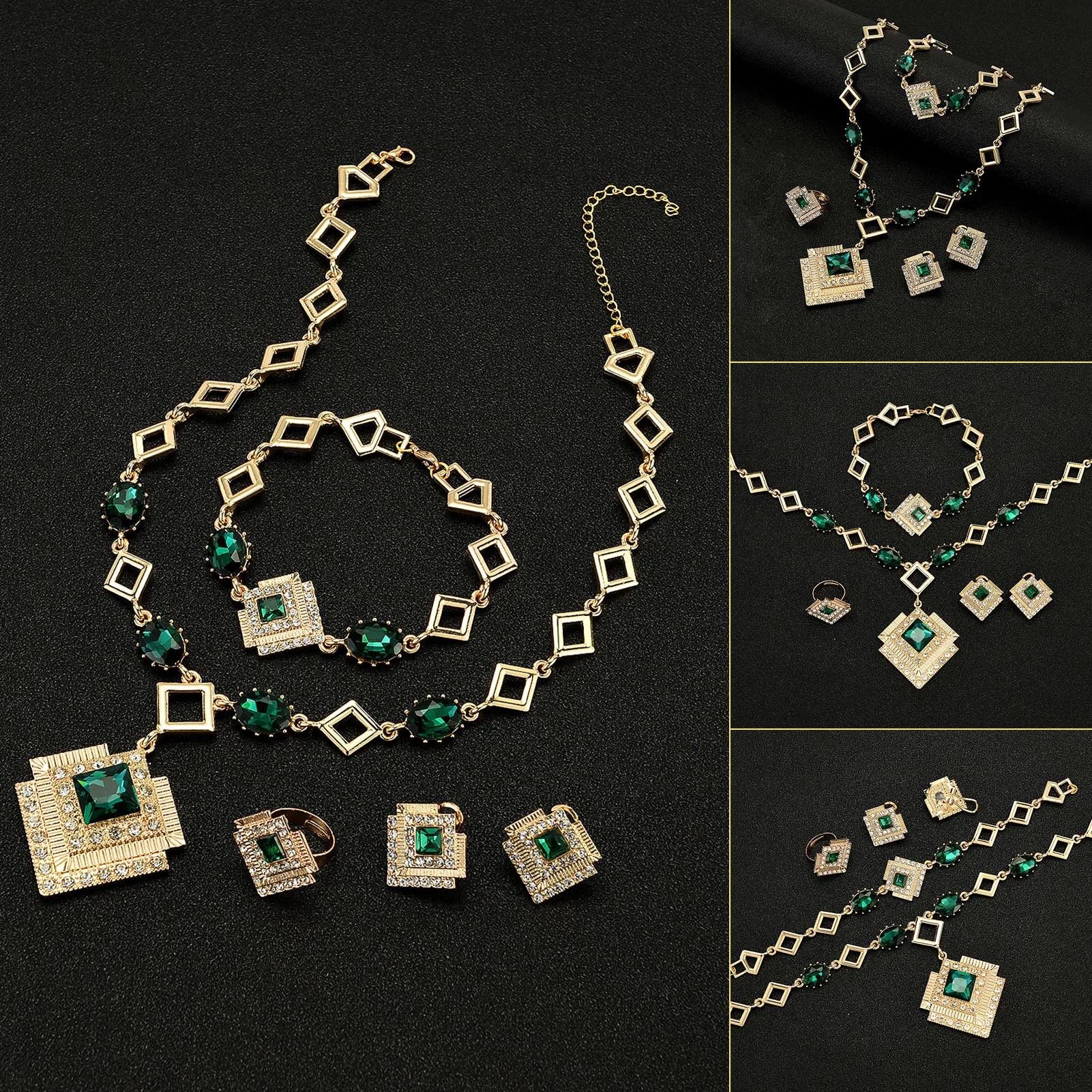 

Wedding Jewelry 4 PCS Set Green Rhinestones Necklace Earrings Ring Bracelet Eardrops Decoration Ring Bracelets Newly