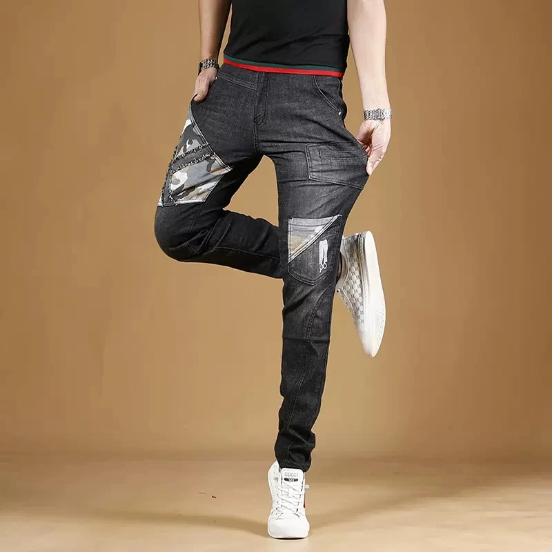 Camouflage Patchwork Black Jeans Men Summer Streetwear Regular Straight Pants Korean Style Casual Stretch Denim Trousers