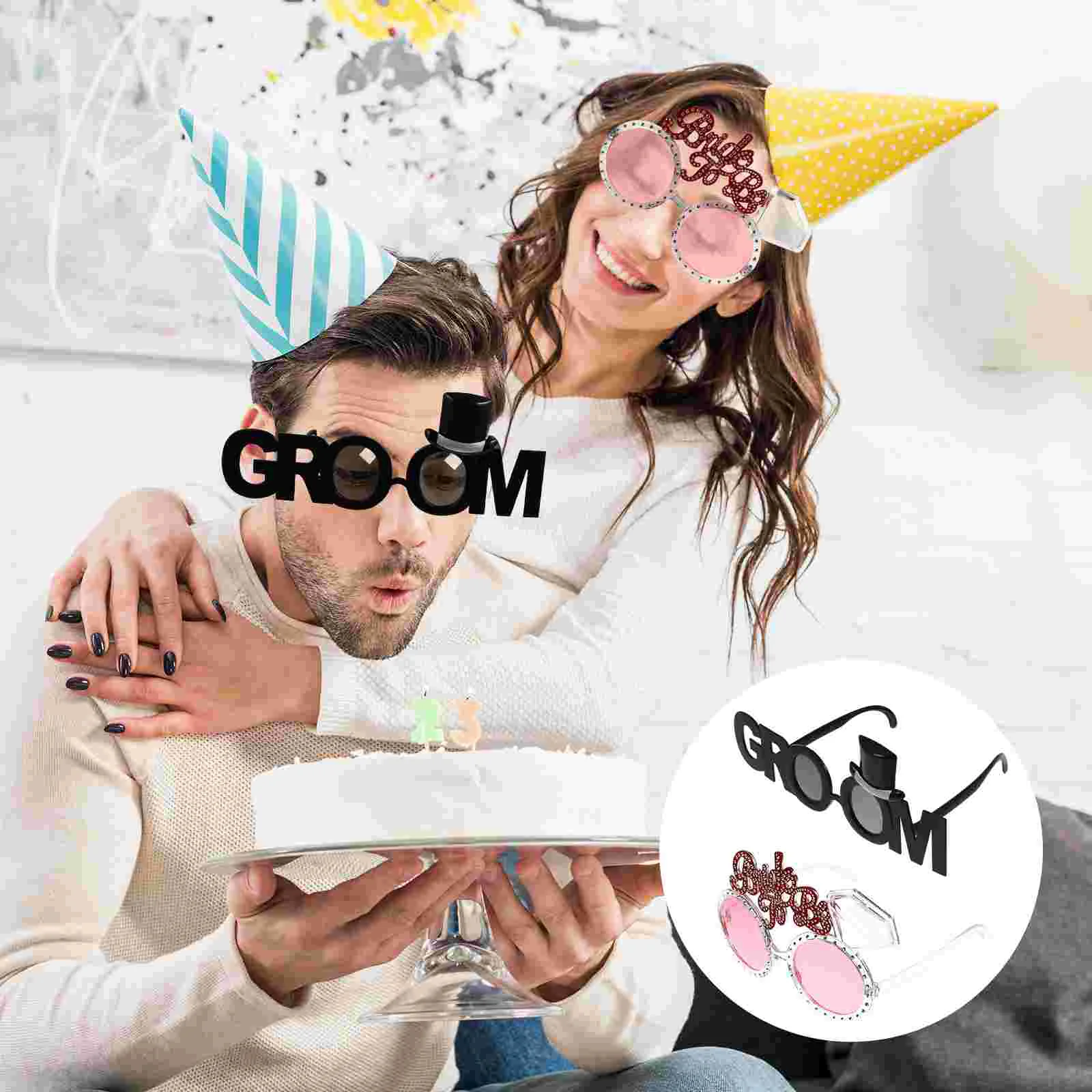 

2 Pcs Bride Groom Glasses Photo Props Party Eyewear Diamond Sunglasses Headpiece