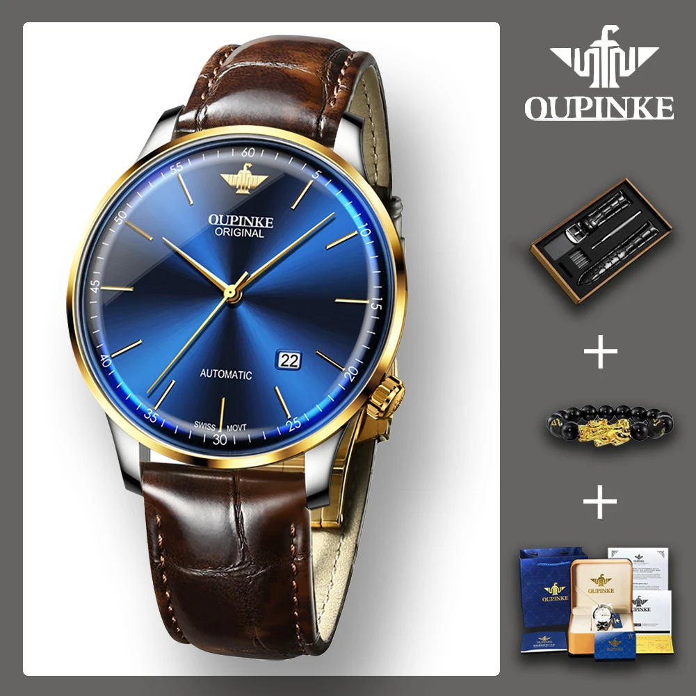 

OUPINKE Automatic Mechanical Genuine Leather Strap Watch for Men Waterproof Full-automatic Super-Thin Business Men Wristwatches