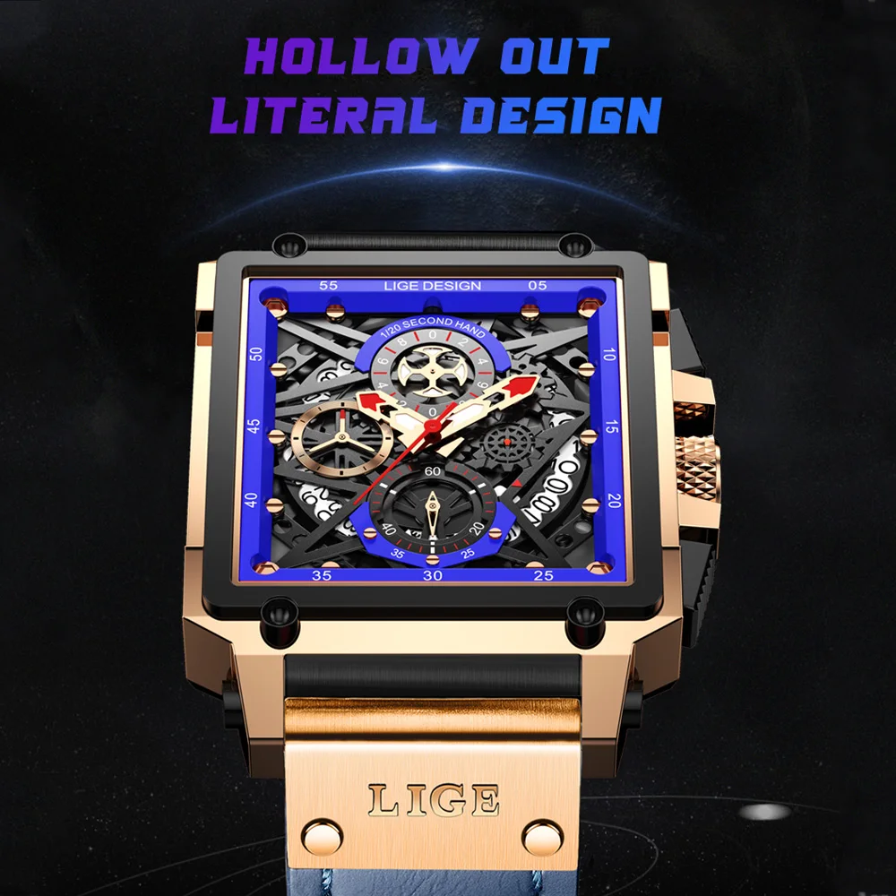 2023 New LIGE Men Watches Top Brand Luxury Hollow Square Sport Watch For Men Fashion Leather Strap Waterproof Quartz WristWatch