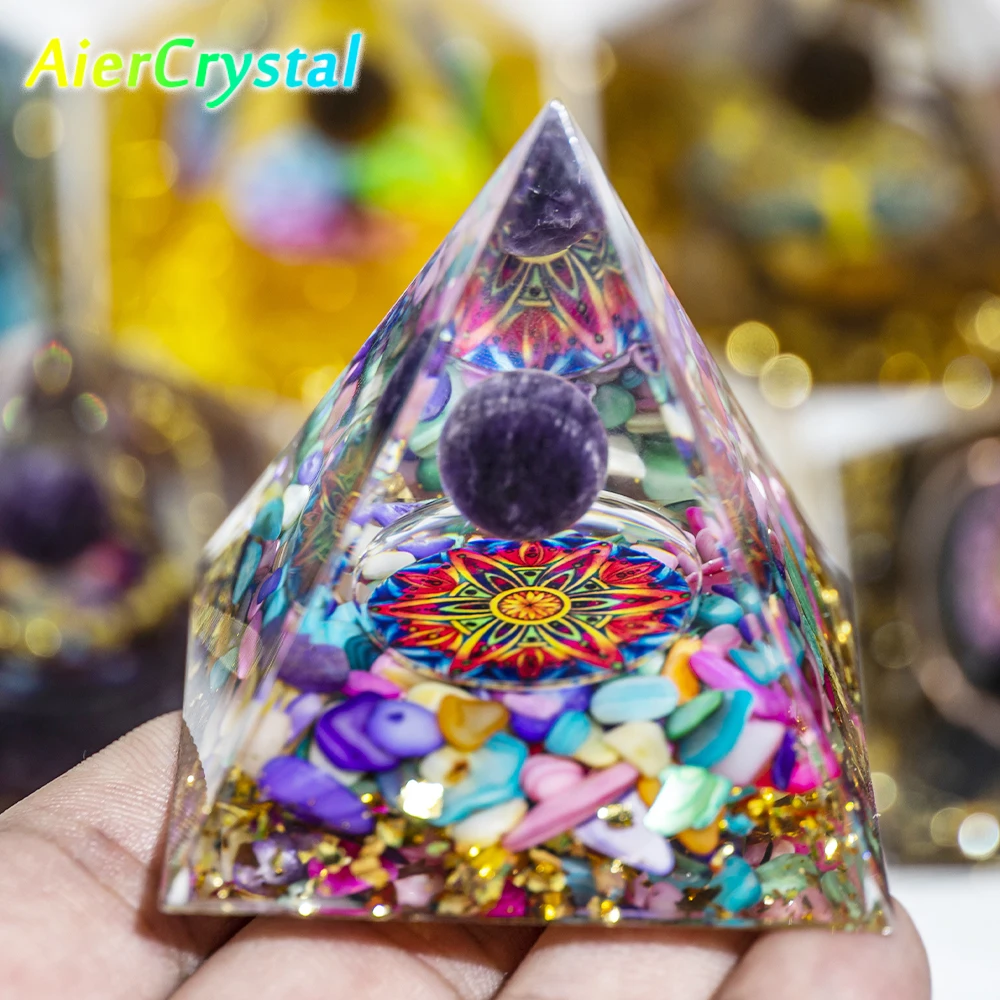 

Energy Pyramid Orgonite Reiki Natural Amethyst Ball Healing Crystals Chakra Tool Ornaments Resin Stones Craft Kids Gift Pyramid