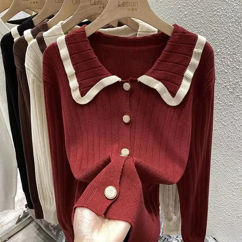 

Cardigan Spring and Autumn Design Sense Doll Collar Top Winter Thickening Loose Small Fragrance Knitted Sweater Women's Clothing