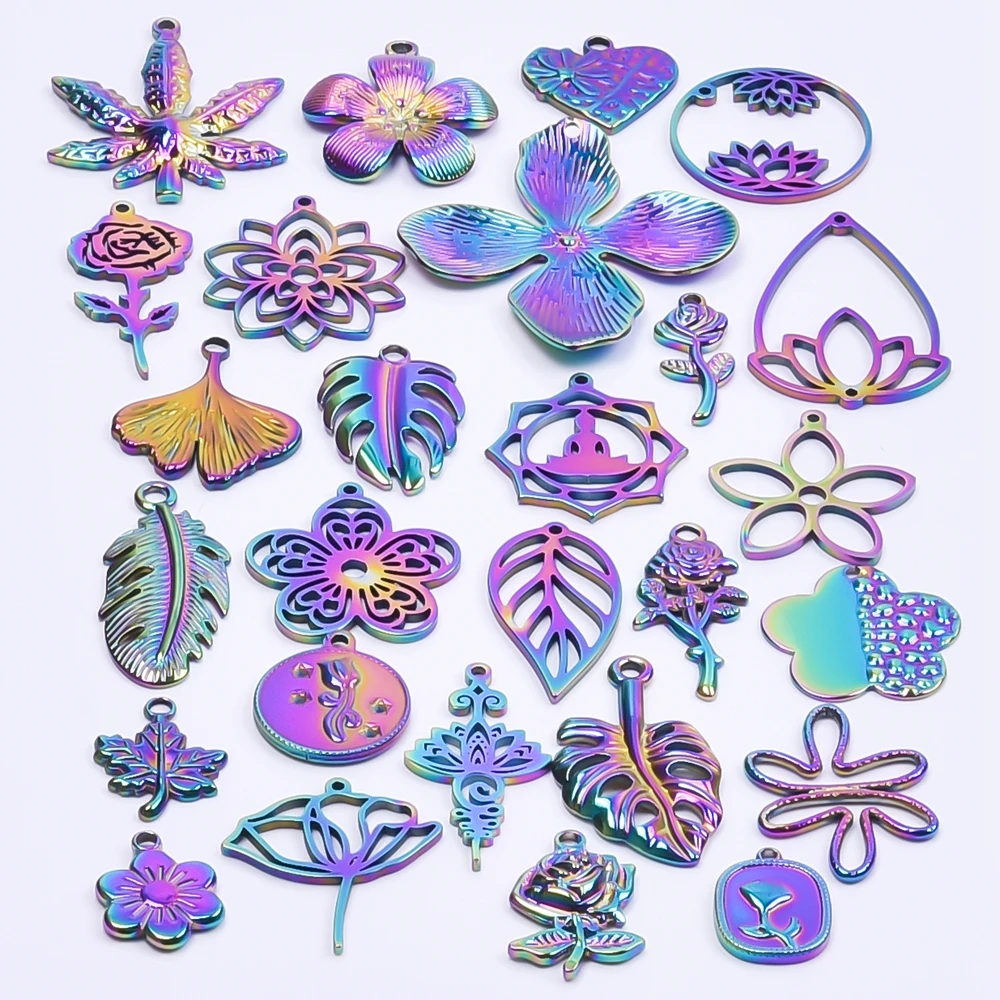 

Rainbow Plant 5pcs Lotus Flower Rose Maple Leaf Pendants For Jewelry Make Accessories Yourself DIY Stainless Steel Charms Bulk