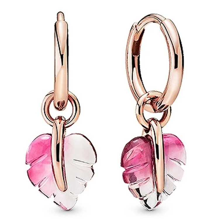 Authentic 925 Sterling Silver Sparkling Pink Murano Glass Leaf Hoop Earrings For Women Wedding Gift Fashion Jewelry