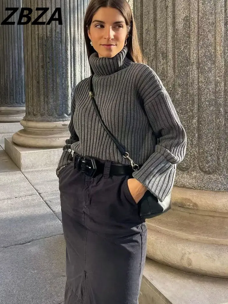 

ZBZA Women 2023 spring New Fashion Ribbed short paragraph Knitted Sweater Vintage Long Sleeve Female Pullovers Chic Tops