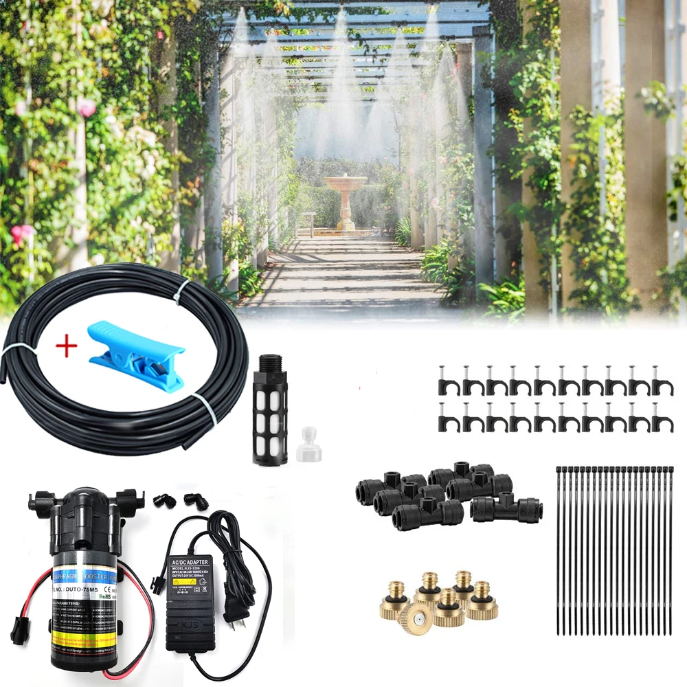 Misting Cooling System with Low Noise Pump Filter Kit DC 24V 75GPD Pump DIY for Outdooor Patio Porch Greenhouse Backyard