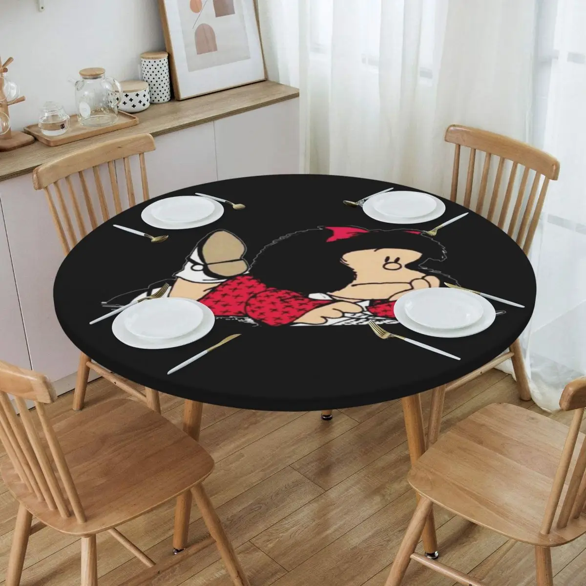 

Round Oilproof Cute Mafalda Table Cover Fitted Argentine Cartoon Quino Comic Table Cloth Backing Edge Tablecloth for Dining