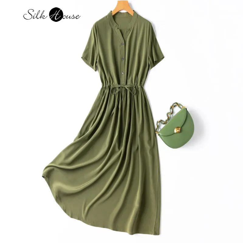 

Silk Elastic Crepe De Chine Silk V-neck Drawstring Simple Shirt Short Sleeve Medium Long Women's Fashion Green Dress