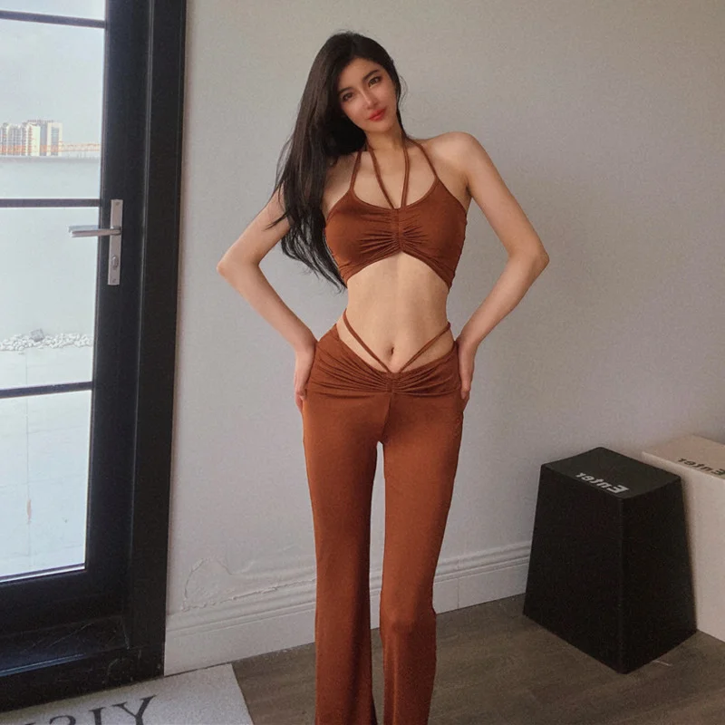 

WOMENGAGA Pants Suit Shirring Elegant Lace Up Halter Neck Tank Vest Top+pleated Flared Pants Slim Two Piece Set Korean tops 8K9F