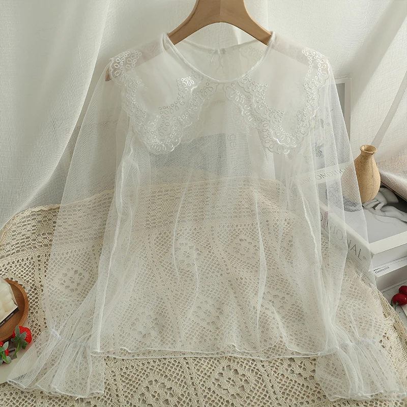 Блузка женская прозрачная из шифона с круглым вырезом Милая Тонкая сетчатая