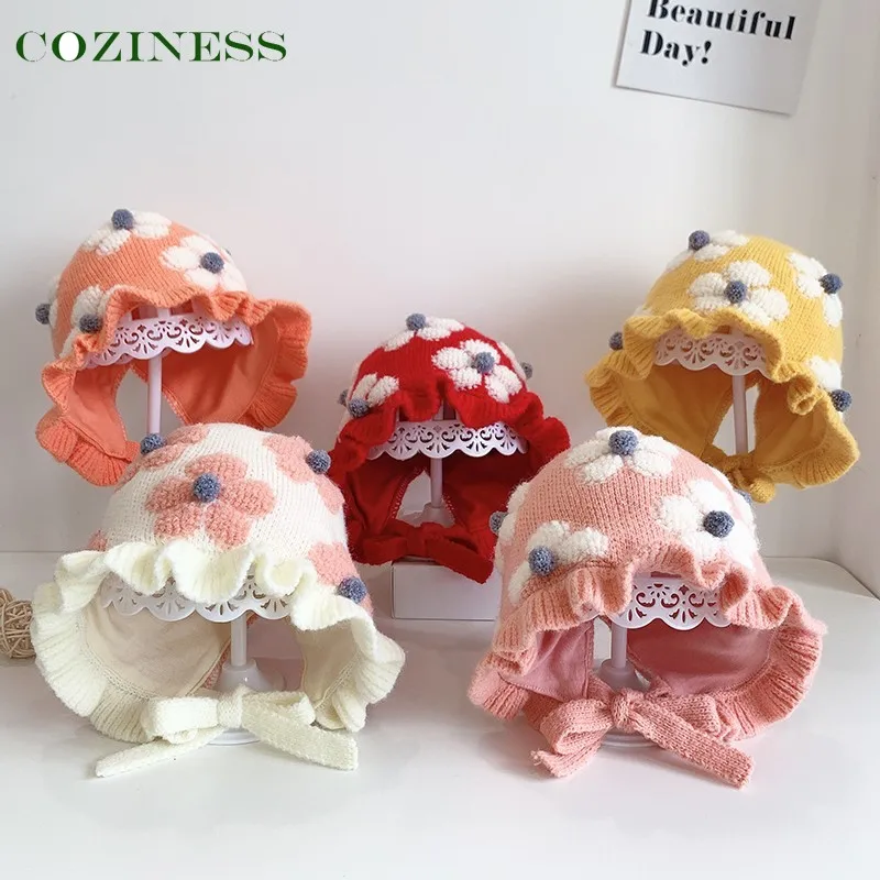

Baby Girl Hat Cute Flower Ruffled Princess Ear Cap Dome Short Brim Thickened Warm Windproof Sun Shade Caps Four Season Hot Sale