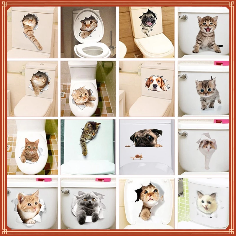 

New in Cat Dog Toilet Stickers Home Decoration Diy Funny Cartoon Animal Wc Mural Art Vivid 3d Kitten Puppy Safari Pvc Wall Decal