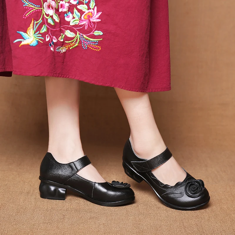 Platform leather sandals women summer 2023 retro blue red rose flower shoes female low heels mary janes shoes mom sandalias