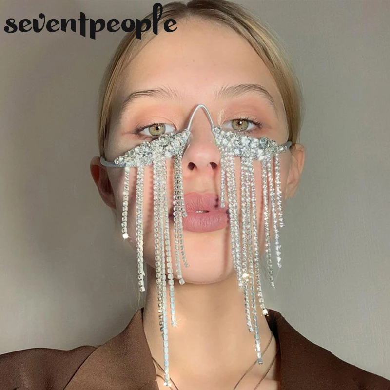 

Стразы, оправа для солнцезащитных очков с кисточками, 2022, модные оправы для очков с бриллиантами, очки для косплея, женские Украшения для веч...