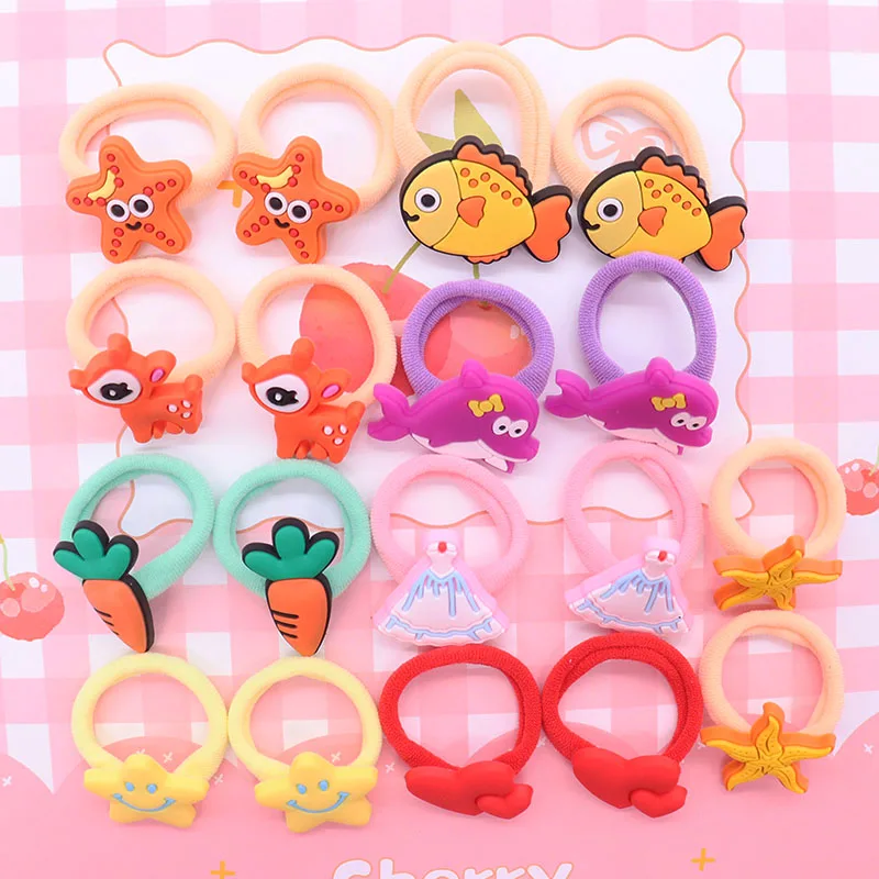 

2Pcs/Set Cartoon Animal Starfish Dolphin Deer Fish Children's Elastic Bands For Girl Headwear Scrunchie Baby Hair Rubber Bands