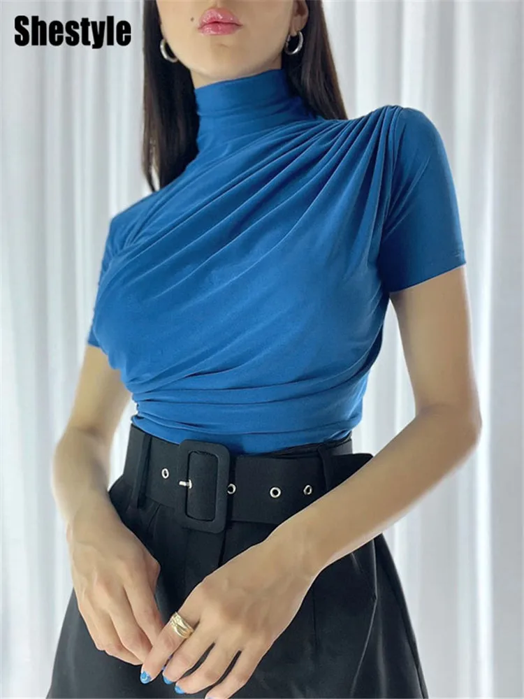 

Shestyle Turtleneck Elegant T-Shirts Women Short Sleeve Ruched One Shoulder Date Office Lady Tees Trendy Top Summer Holiday