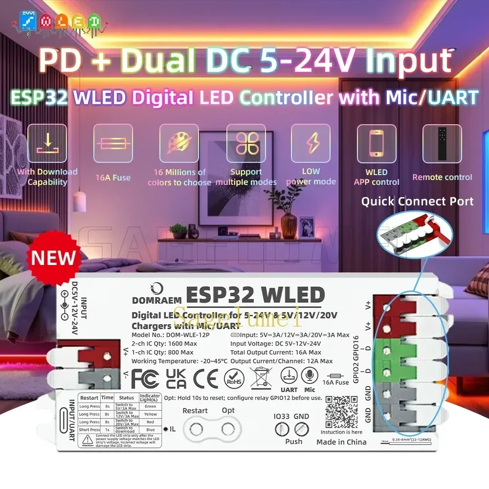 Фото Вход DC5-24 В, ESP32 PD Power Быстрая настройка Контроллер DOMRAEM WLED с микрофоном Двойной предохранитель 16 А для WS2811 WS2812B WS2805 SK6812 APA102 №4