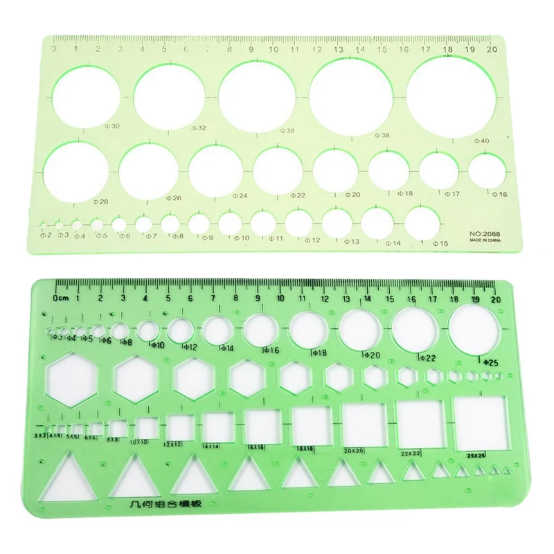

Green Plastic Students Rectangle Shape Drawing Circle Template Ruler & Circles Squares Hexagons Geometric Template Ruler 0-20Cm