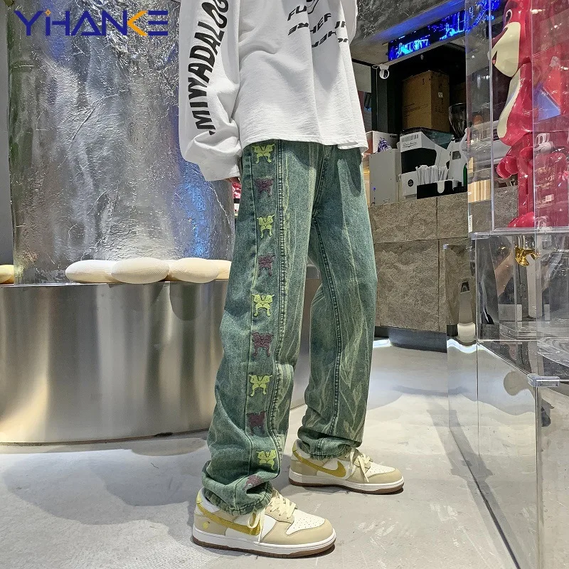 Men Y2K Jeans Harajuku Butterfly Embroidery Hip Hop High Street Loose Straight Leg Daddy Pants Man Trousers S-3XL Black Jeans