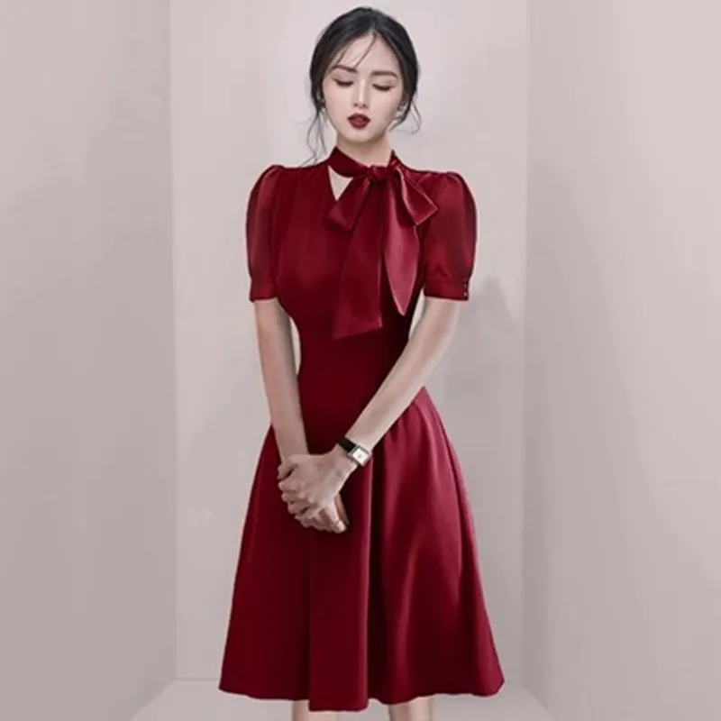 

DALMAZZO Runway Designer Fashion Solid Summer Knee Length Dress Women V Neck Red Elegant Evening Dresses Vestidos 2023 New