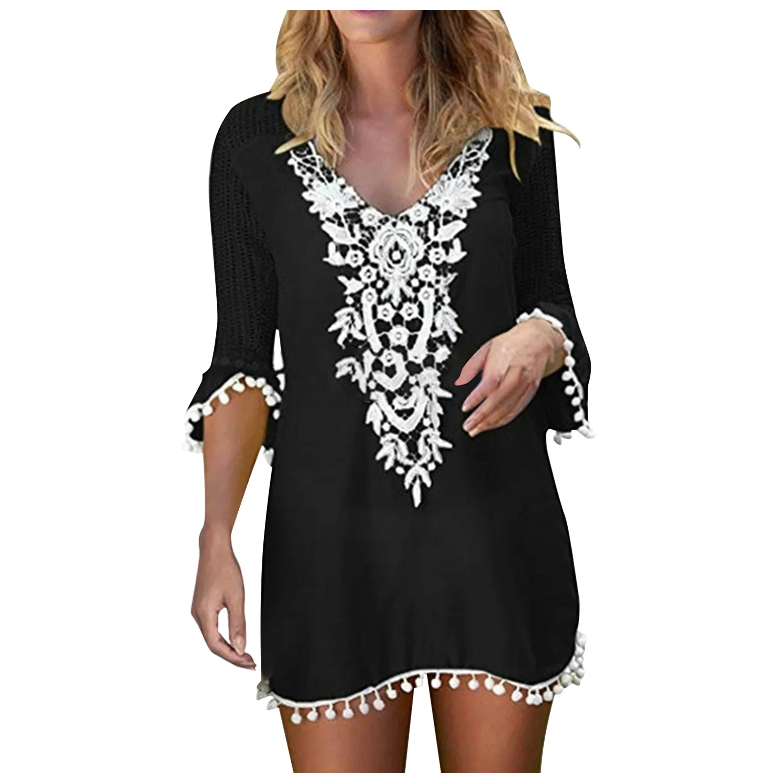 

Летние платья для женщин 2022, модное кружевное соблазнительное ажурное платье, женское пляжное платье-рубашка с коротким рукавом и V-образны...