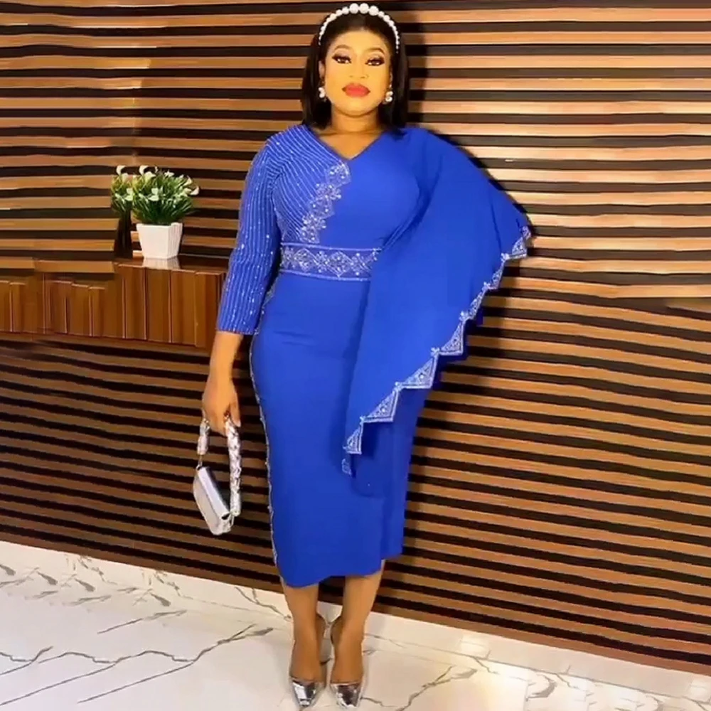 

African Dresses For Women Three Quarters Sleeve Turkey Sequin Evening Wedding Party Pencil Dress Muslim Africa Clothes 2023