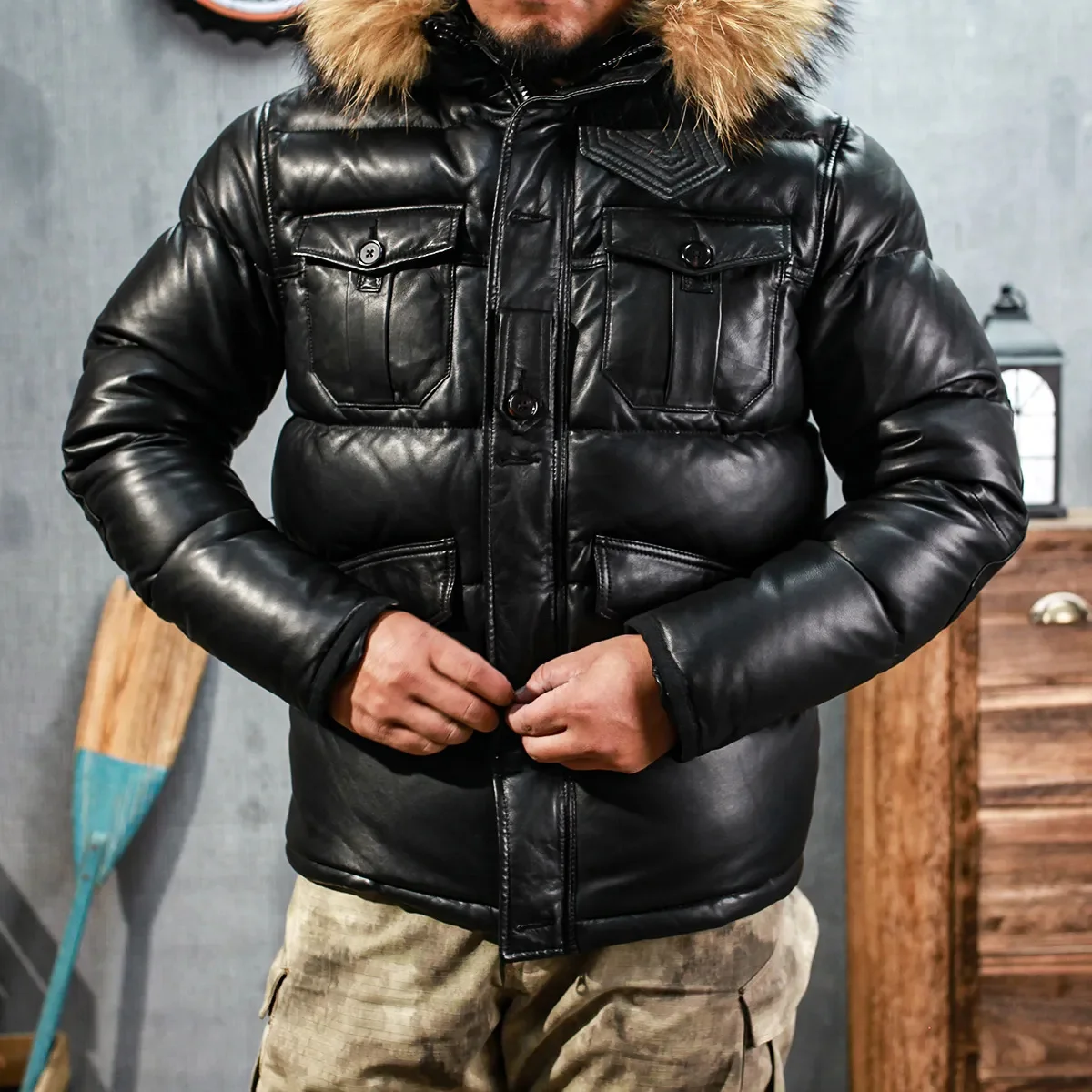 

SDGD1550 Asian Size High Quality Super Warm Genuine Goat Skin Leather Coat Mens Casual Down Jacket 350G