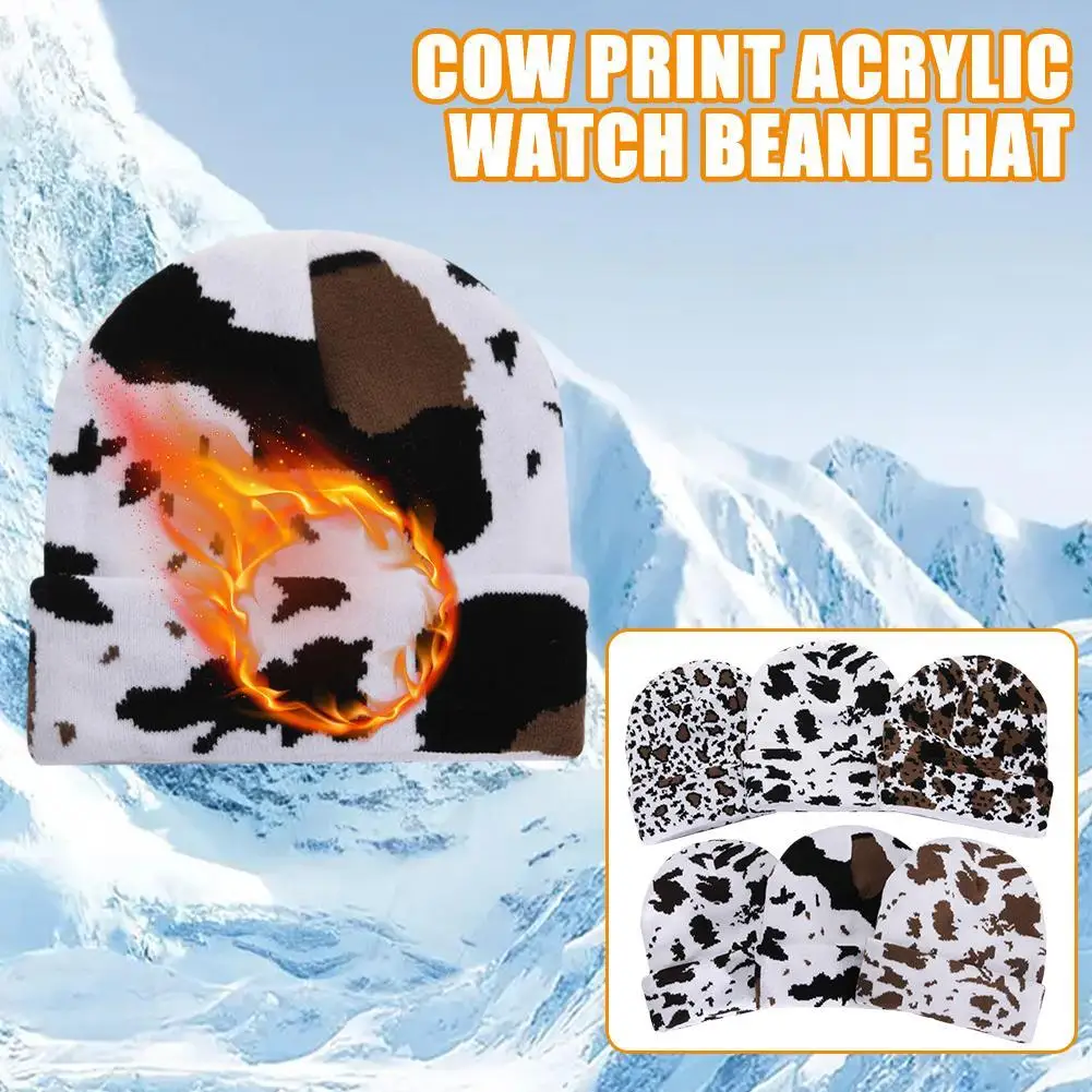 

Leopard Print Knit Beanie For Men Women Thicken Soft Warm Chunky Beanie Hats Cow Print Acrylic Beanie Hat Winter Unisex