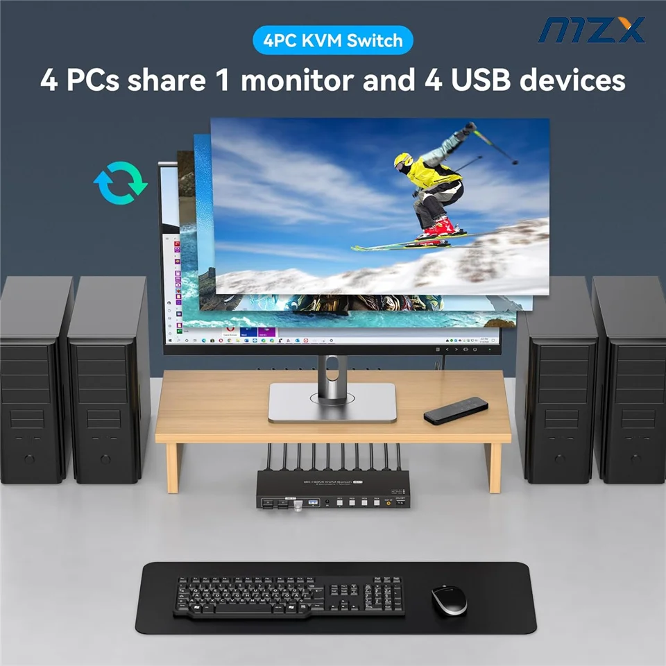 Фото MZX 8K HDMI-совместимый KVM-переключатель 1 монитор 4K 144Гц 4x1 USB 3.0 хаб-переключатель для 4 компьютеров, позволяющий совместно использовать клавиатуру, мышь, USB-принтер. №3