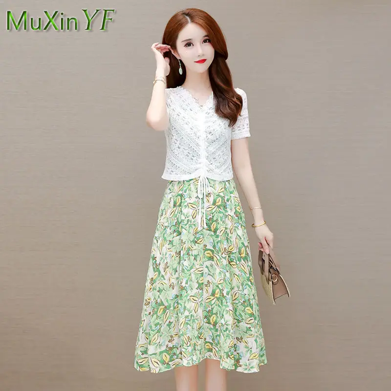 

Women's Summer Dress Suit 2022 New Fashion Temperament Top Floral Midi Skirt Set Korean Elegant Casual Blouse Dresses 2 Piece Su