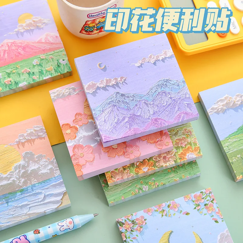

Korean Cartoon Landscape Oil Sticky Notes Simple Message Memo Pads Painted Plan Label Paper Kawaii Stationery Student Office Tag